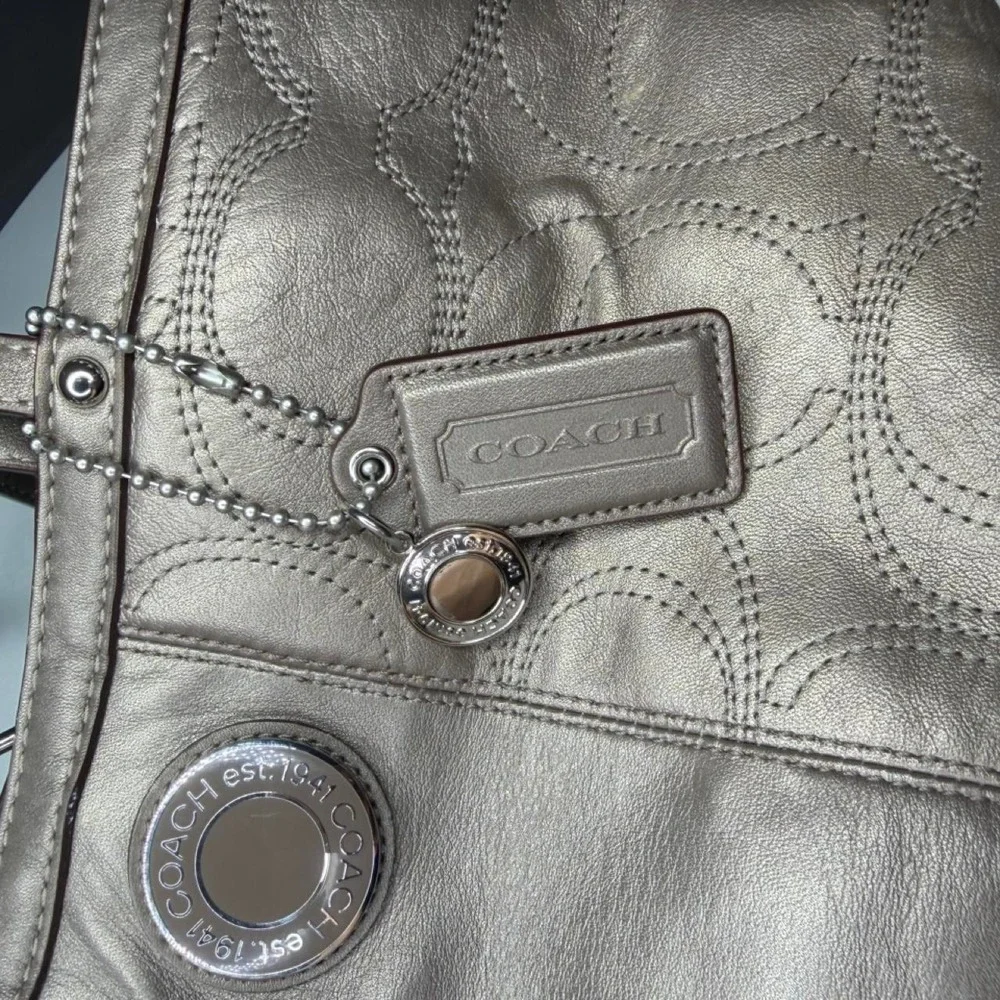 Coach Madison Sophia Kisslock Satchel Metallic Pewter Leather Purse F19413 Large